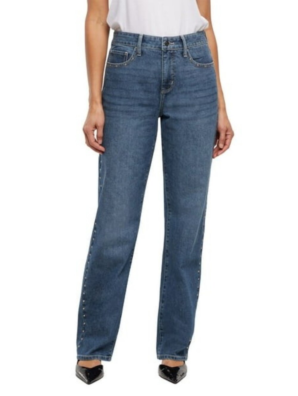 Express Embellished Straight Leg Jeans Medium Wash Gold Studded Size 8 NWT